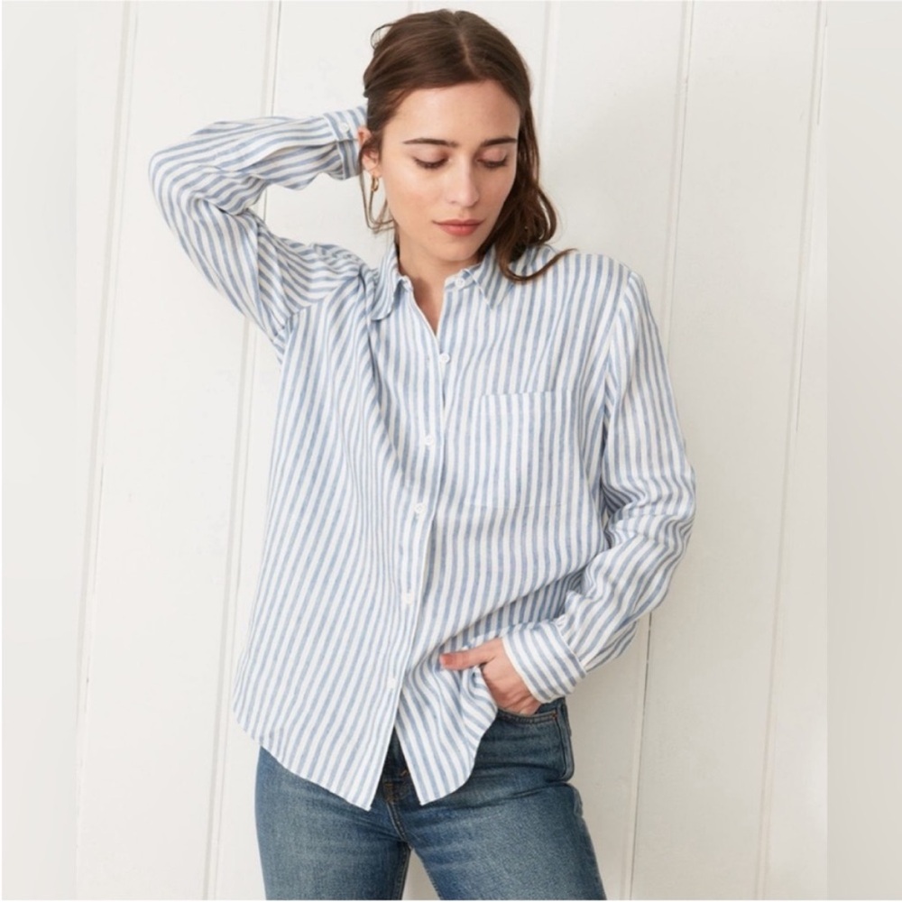 Jenni Kayne Button Back Boyfriend Costal Linen Blue Stripe Button-Up Shirt Sz XS